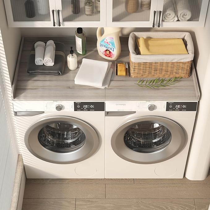 54"×27.5"×2" Foldable Washer Dryer Countertop, Solid Wood Laundry Storage Shelf, Heavy-Duty Folding Table for Washing Machine Organization(Oak)