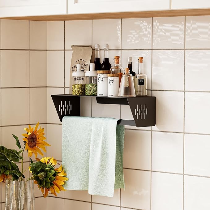 Qeke Bathroom Lavatory Towel Rack, Wall Mount Towel Holder Towel Hanger Shelf with Towel Bar, SUS 304 Stainless Steel Towel Rack for Bathroom and Lavatory, Matte Black, 14 Inch