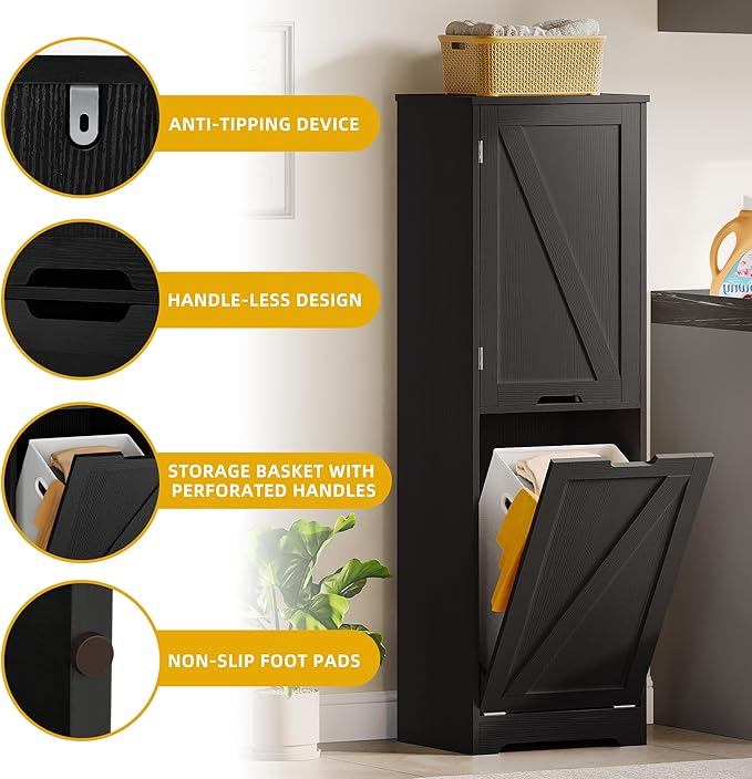 YITAHOME 53" Tall Bathroom Storage Cabinet, Tilt Out Laundry Hamper Cabinet Freestanding Storage Cabinet with Basket Hidden Laundry Hamper, Black