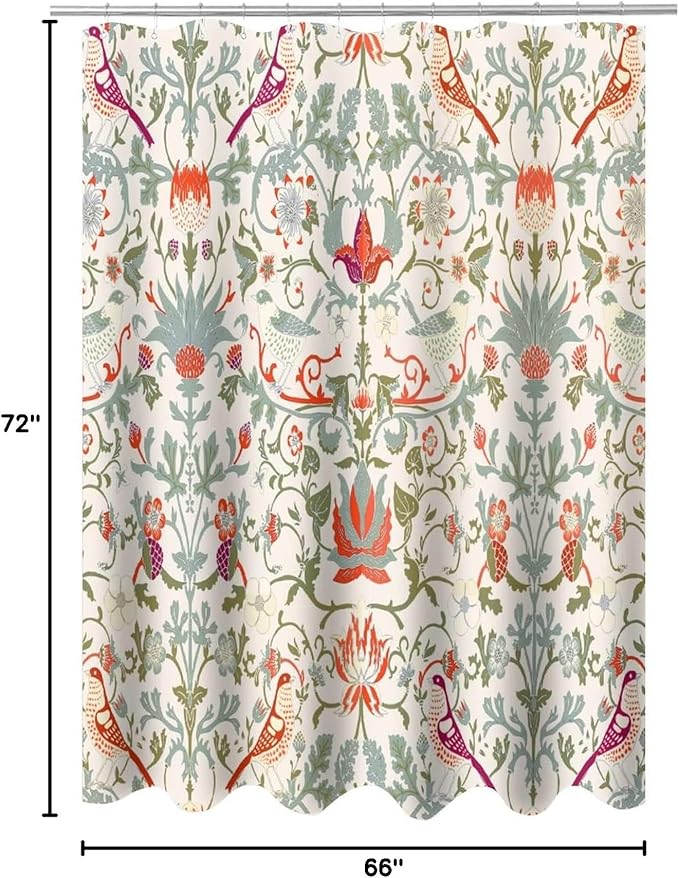 Bohemia William Morris Art Fabric Shower Curtain,Abstract Retro Mid Century Boho Floral Bird Hotel Quality,Machine Washable,72L x66W for Bathroom.
