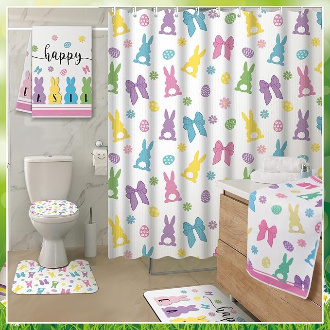 Nuanchu 6 Pcs Easter Shower Curtain Set with Rug Easter Bunny Bathroom Sets with Shower Curtain Bath Mat U Shaped Mat Toilet Lid Cover 2 Bath Towels and 12 Hooks Rabbit Bathroom Decor