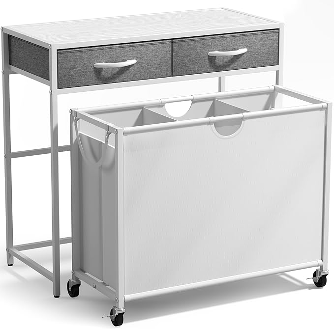 Sorbus 3 Section Laundry Hamper with Shelf and 2 Drawers for Laundry Room Organization, Laundry Basket with Wheels, Rolling Laundry Hamper, Laundry Sorter for Optimal Storage and Organization (White)