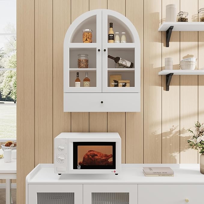 BOSHIRO Arched Bathroom Wall Cabinet with Drawer Over The Toilet Storage Cabinet, Medicine Cabinet with Glass Door for Living Room, Kitchen(White)