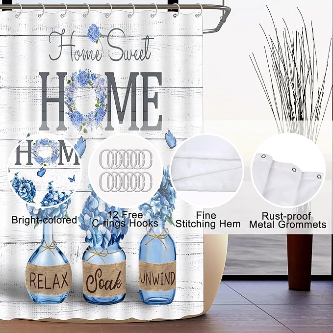 ALEXEX 4 PCS Blue Hydrangea Shower Curtain Sets,Home Sweet Bathroom Set with Shower Curtain and Rugs and Accessories,Farmhouse Country Shower Curtain Bathroom Decor with 12 Hooks,72 X 72 Inches