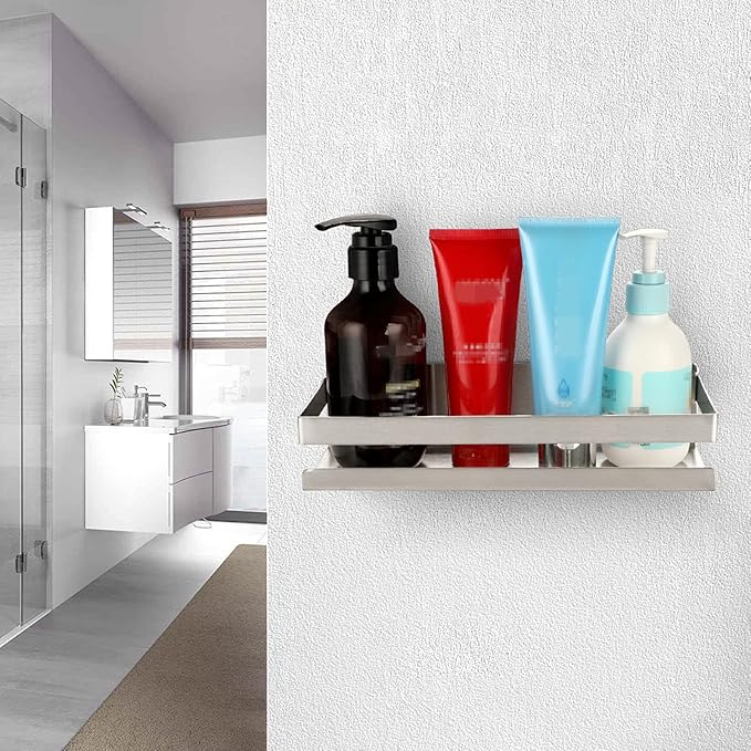 OwnMy 10 Inch Bathroom Shower Shelf Stainless Steel Bath Kitchen Basket Shower Caddy Rack, Rust Proof Metal Bathroom Storage Floating Shelves Wall Mounted Shower Corner Rectangular Shelf (Silver)