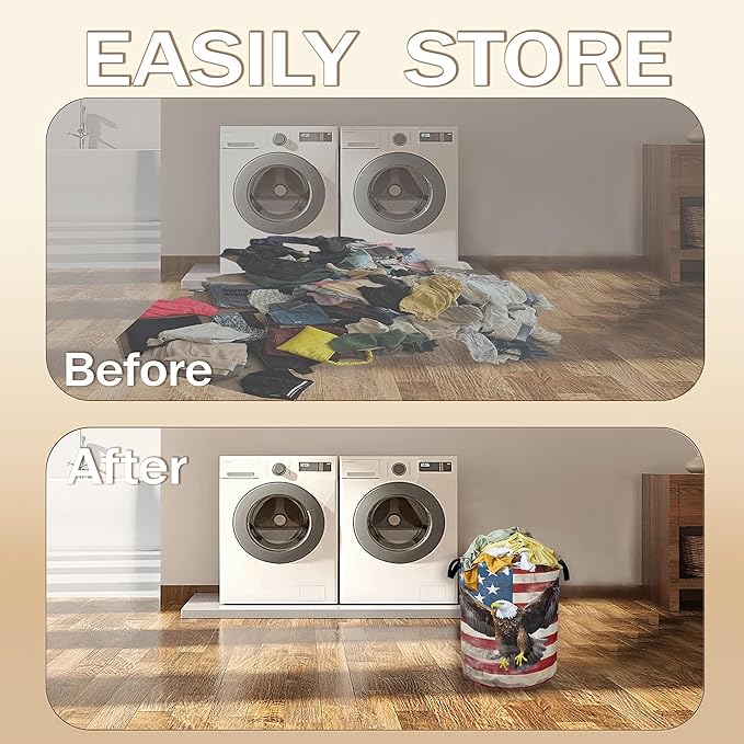 Bald Eagle Laundry Basket,American Flag Clothes Hamper,Oxford Cloth Collapsible Nursery Hamper Storage Organization for Bedroom,Bathroom,Office,College Dorms,16x20 Inch