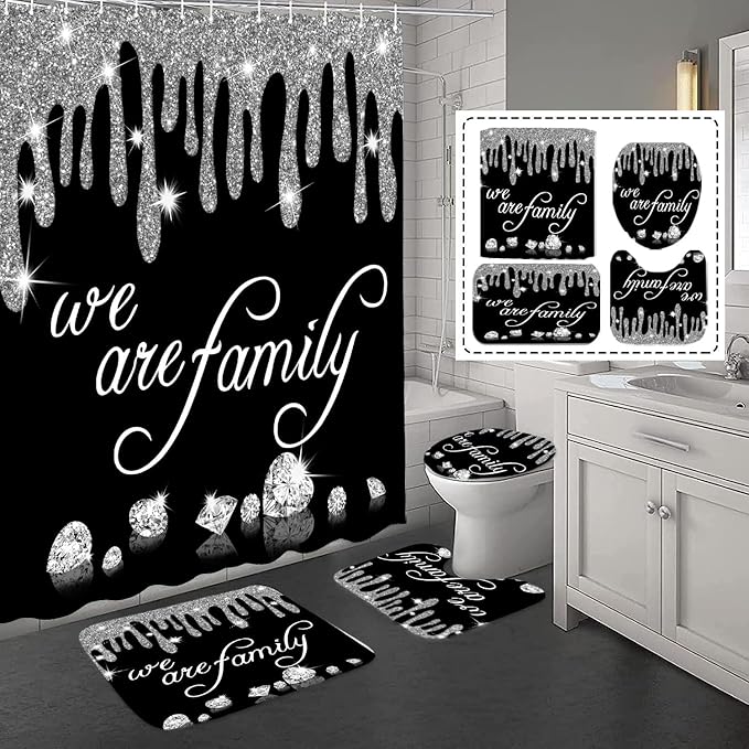 4Pcs Family Glitter Diamond Shower Curtain Sets, Black Famliy Shower Curtain with Toilet Lid Cover and Rugs, Luxury Bling Shiny Shower Curtains for Home Bathroom Set Decor with 12 Hooks, 72 x 72 inch