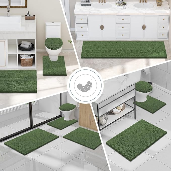 Smiry Luxury Chenille Bathroom Rugs 36x24, Extra Soft and Absorbent Shaggy Bath Mat, Machine Washable, Non-Slip Plush Carpet Runner for Tub, Shower, and Floor, Home Decor Accessories, Olive Green
