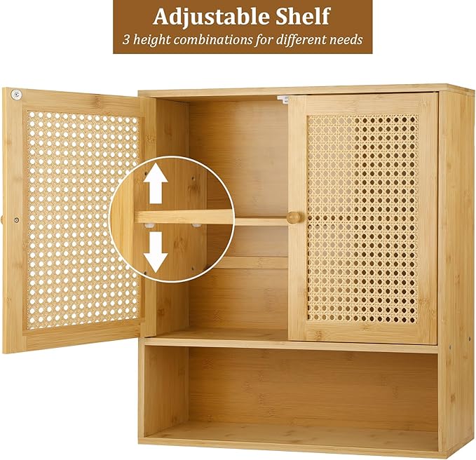 Bamboo Cabinet Wall Mount, Rattan Medicine Cabinet with Shelves and Doors, Wall Cabinet Above Toilet, Storage Organizer for Laundry Room, Kitchen, Living Room