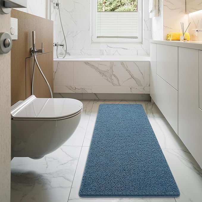 LOCHAS Luxury Bathroom Rug Shaggy Bath Mat 24 x 60 Inch, Washable Non Slip Bath Rugs for Bathroom Shower, Soft Plush Chenille Absorbent Carpets Mats, Denim Blue