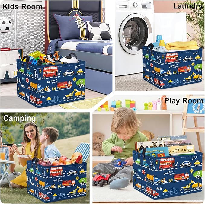 Cars Laundry Hamper Cartoon Vehicle Large Storage Basket Collapsible Parents Organizer Boy Toy Clothes Bins for Bedroom, Bathroom, City Bus, 36L