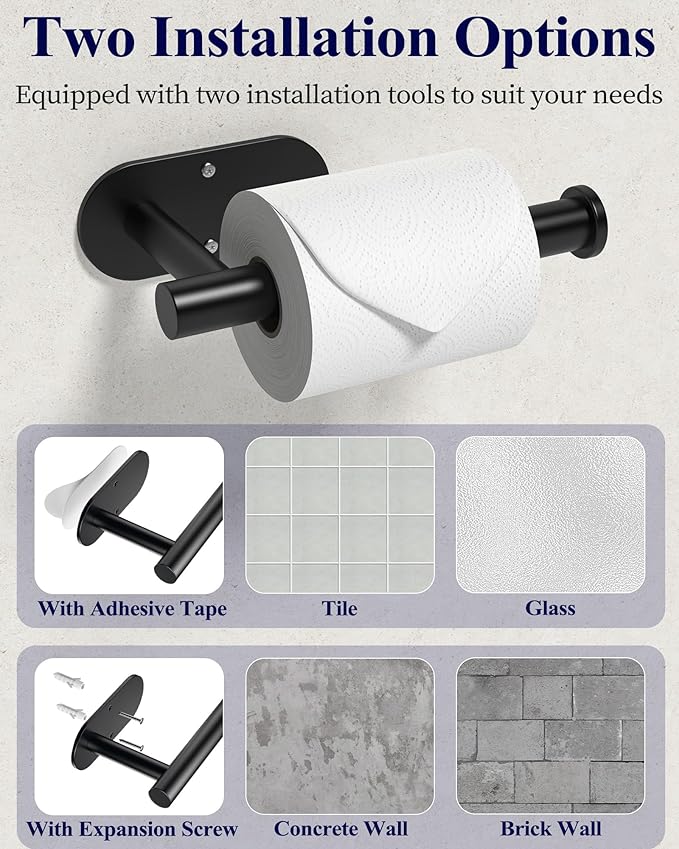 Kitsure Bathroom Toilet Paper Holder - Premium Waterproof Stainless Steel Wall-Mount & Adhesive Toilet Paper Holder, Installation, Ideal for Bathroom, Washroom, RV, Black, 2 Pack