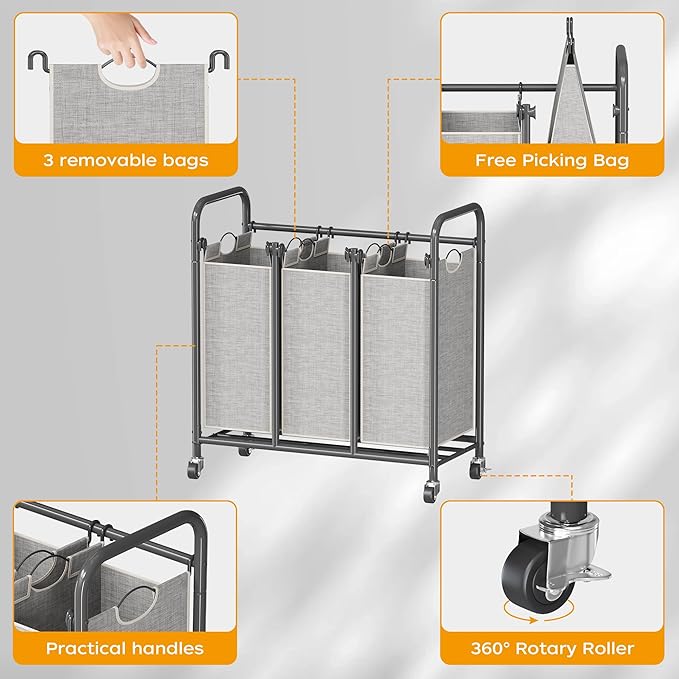 HOMEIJU 3-Bag Laundry Sorter, Laundry Hamper Cart with Heavy Duty Rolling Lockable Wheels and Removable Bags, Laundry Organizer Basket Clothes Separator Hamper, Grey