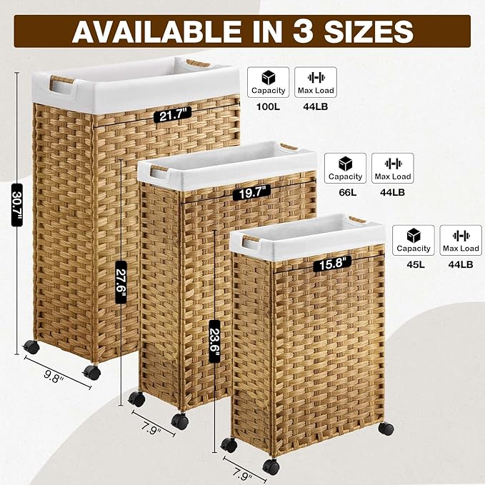 Greenstell Laundry Hamper with Wheels, 11.9 Gallon (45L) Small Clothes Hamper with 2 Removable Liner Bags & 2 Mesh Bags, Slim Rattan Laundry Basket for Bathroom, Bedroom, Natural