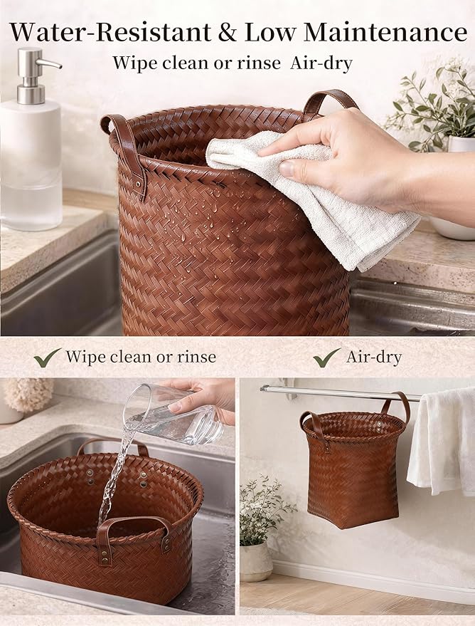Hand Woven Baskets for Storage, 4Pcs Water-Resistant Wicker Baskets, Brown Wicker Storage Baskets for Shelves, Large Basket with Handle for Organizing, Closet, Laundry, Blanket - Round