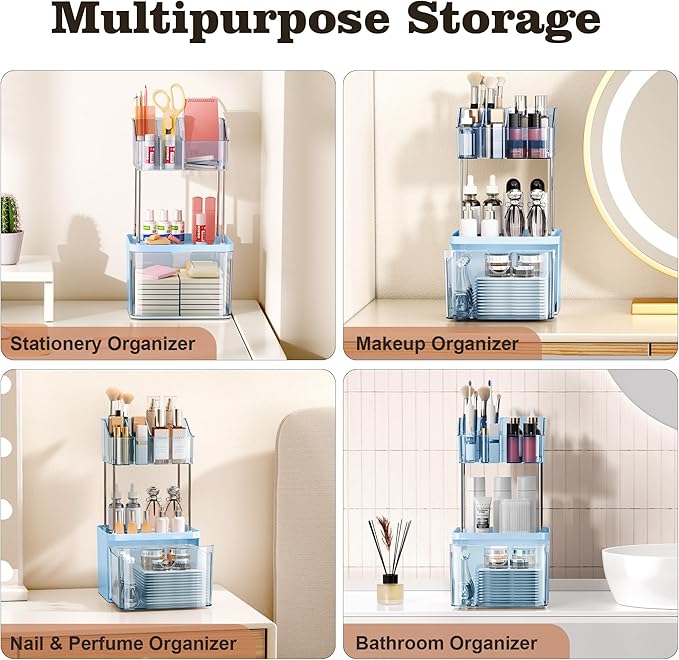 Small Bathroom Counter Organizer - 3 Tier Makeup Organizer Countertop - Multi-Purpose Skin Care with Drawer for Vanity, Cosmetic Counter Organizer (Blue)