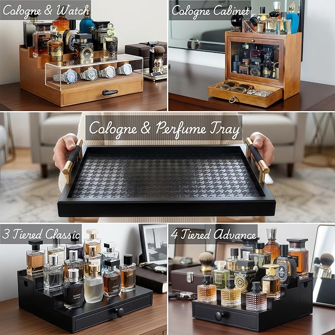 Wooden Cologne Organizer for Men 4 Tier | Black Perfume Holder Shelf for Dresser | High Grade Velvet Lining and Stylish Gift Box | Uncluttered Design Perfume Display Stand