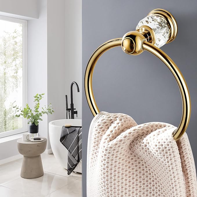 WINCASE Crystal Towel Ring, Gold Towel Holders for Bathrooms, Round Hand Towel Rack Wall Mounted Decorative