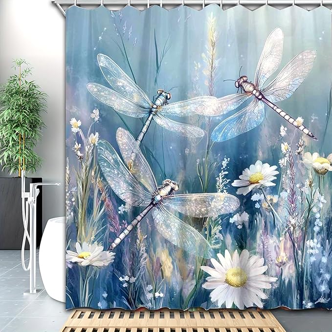 Dreamrflove Dragonfly Shower Curtain, 1-Pack Dragonfly Bathroom Shower Curtain, Blue Vintage Plant Flowers Fabric Bathroom Decoration, 72x72 Inch Waterproof Polyester Insulation Home Accessories