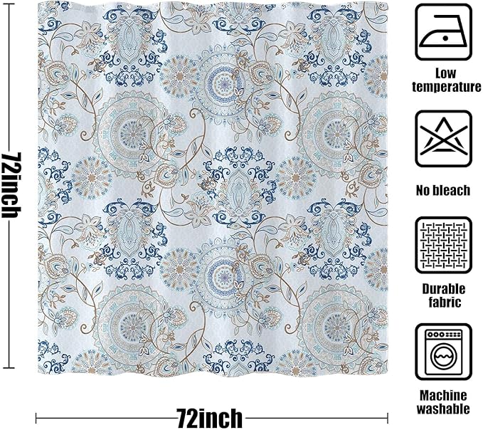 Neasow Light Blue and Navy Paisley Shower Curtain, Cool Teal Design Floral Bathroom Curtain Shower Curtains 72×72 inches