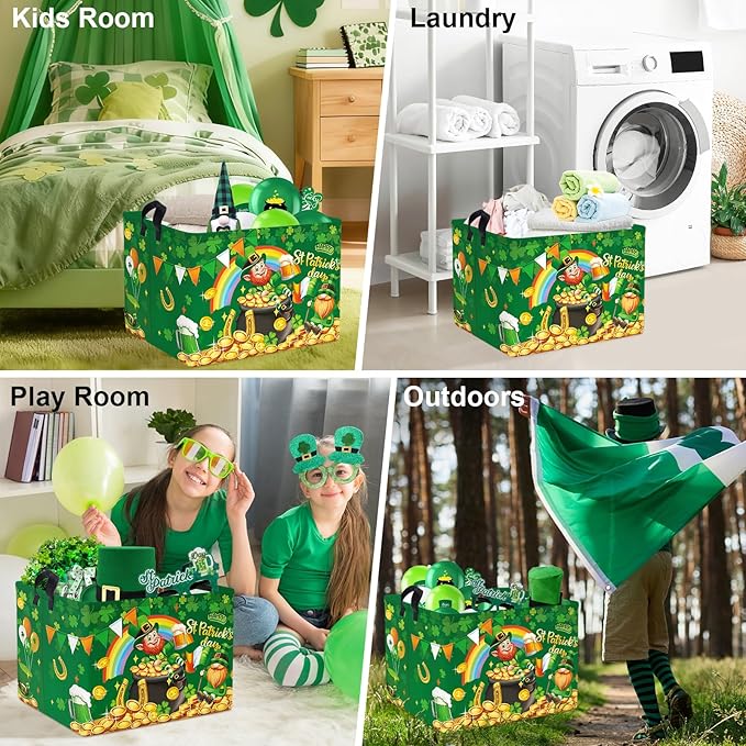 Clastyle Saint Patrick's Day Storage Basket Four Leaf Clover Clothes Book Toy Shelf Basket Kid Room Decor Gift Storage Bin Organizer,Leprechaun,40x30x30 cm