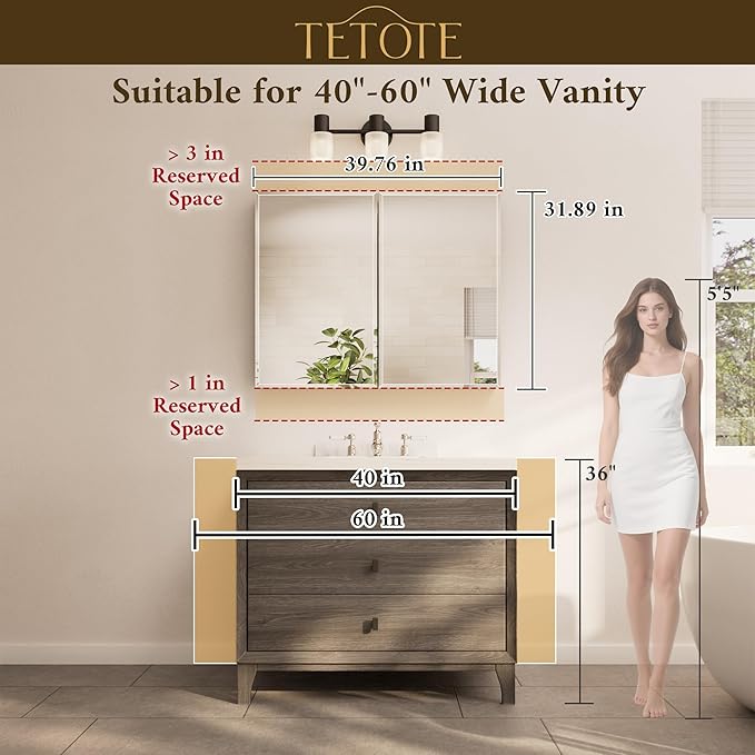 TETOTE 40 x 32 Medicine Cabinet with Tempered Beveled Mirror White Bathroom Mirror with Storage Aluminum Cabinet DTC Hinges, Stepless Adjustable Shelves, Recessed/Surface-Mounted