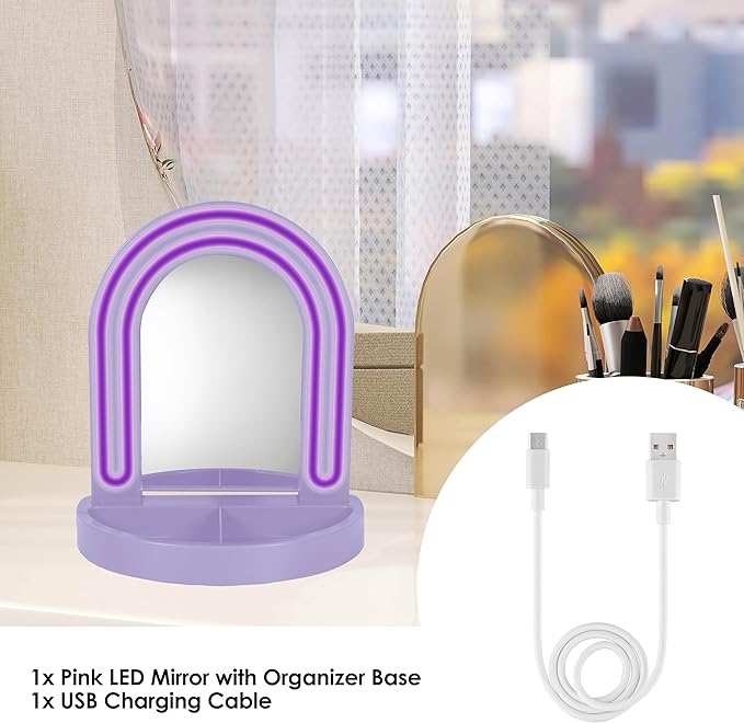 LED Vanity Mirror with Tray, for Desk, Dressing Table, Light Up Mirror for Makeup, Dorm Desk Vanity Mirror with Lights, Purple