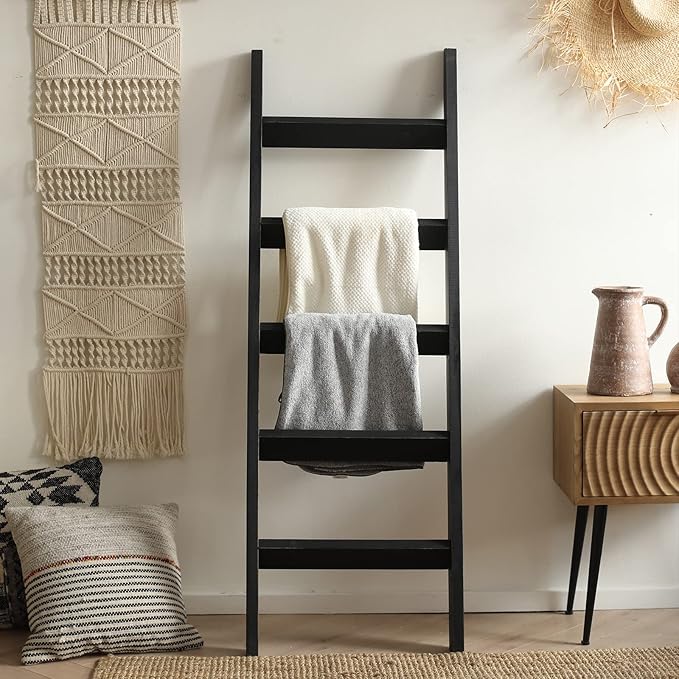 FUIN 5ft (58") Wood Blanket Ladder Living Room Decorative Wall Leaning Farmhouse Quilt Display Holder Storage Rustic Wooden Towel Rack for Bathroom, Black