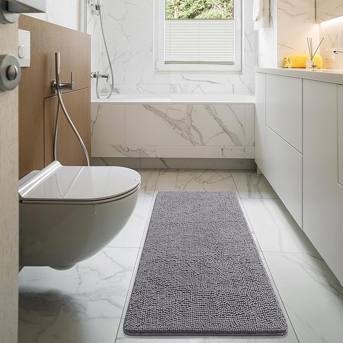 LOCHAS Luxury Bathroom Rug Shaggy Bath Mat 24 x 54 Inch, Washable Non Slip Bath Rugs for Bathroom Shower, Soft Plush Chenille Absorbent Carpets Mats, Gray