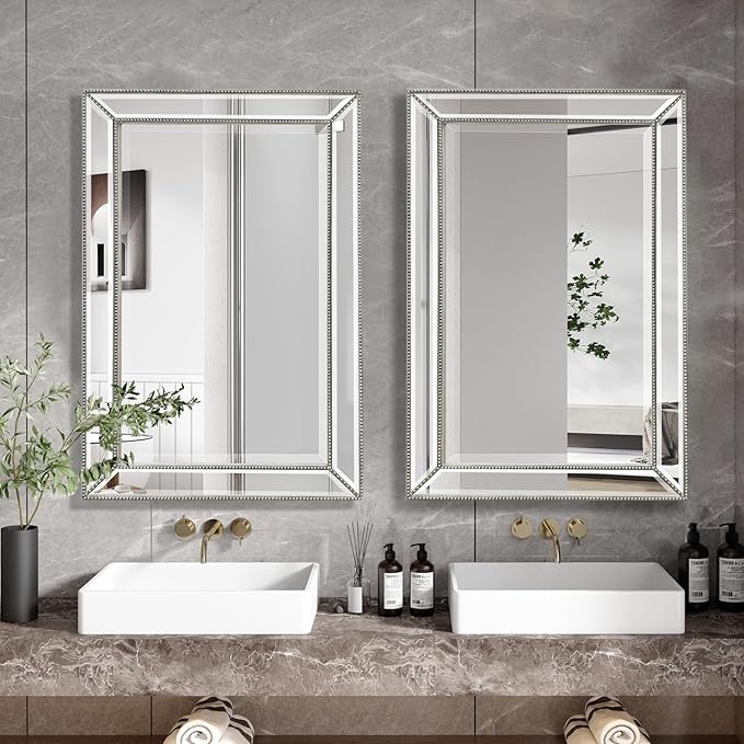 24"x36" Retro Beaded Medicine Cabinet with Beveled Mirror - Wooden Frame, Recessed & Surface Mount Bathroom Storage Cabinet