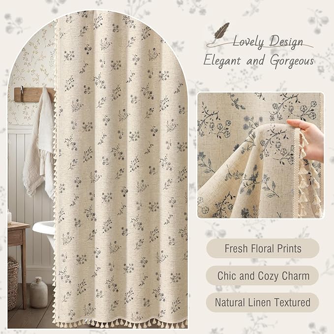 Black Floral Vintage Linen Shower Curtain, French Country Shower Curtains for Bathroom with Tassels, 72Wx72H