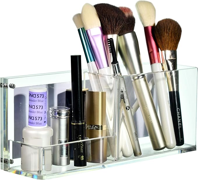 AMT CLEAR Acrylic Make Up Organizer, Business License Frame for Cosmetology or Other Businesses, Makeup Brush Holder, Pen Holder,Business Card Display (Cream)
