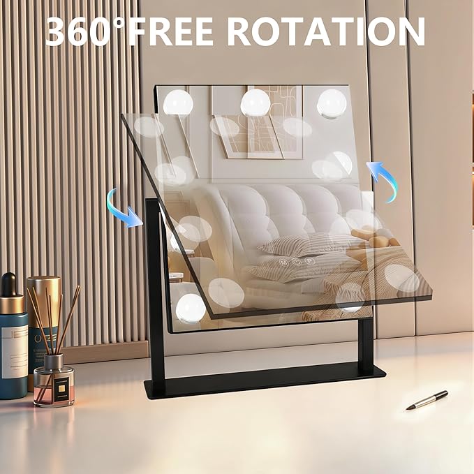 Moonee Black Vanity Mirror with Lights, Hollywood Lighted Makeup Mirror with 9 Dimmable Bulbs and 10X Magnification 360°Rotation, 3 Colors Modes, Light Up Mirror for Tabletop(12" x 14")