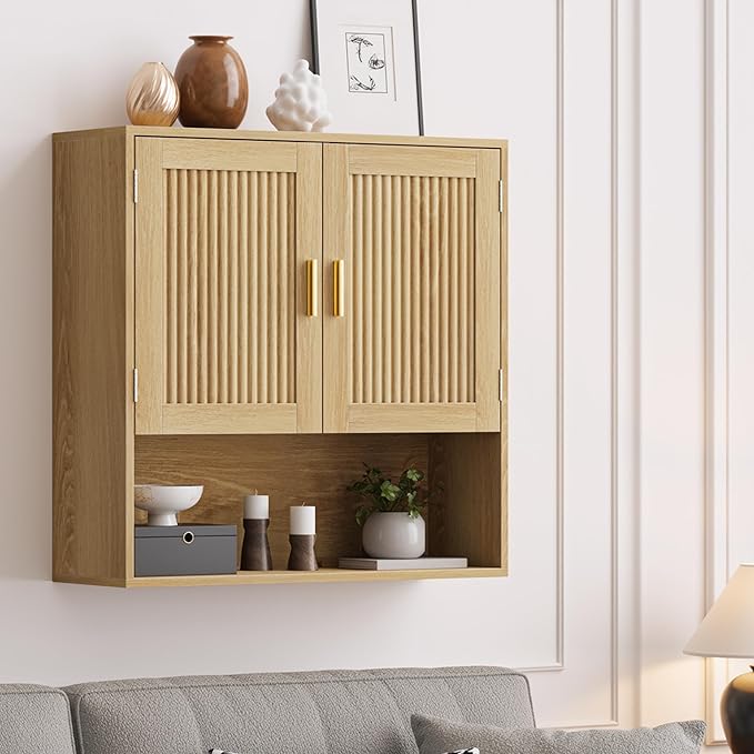 Smuxee Bathroom Cabinet Wall Mounted, Wooden Medicine Cabinet with Fluted Doors & Adjustable Shelf, Bathroom Cabinet for Bath Room, Living Room, Laundry Room