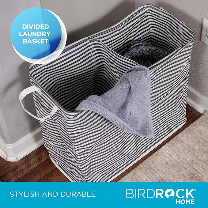 BIRDROCK HOME Collapsible Double Laundry Hamper Basket - Grey & White Stripes Sorter Bin - Compact Dirty Clothes Organizer Bag - Divided Section
