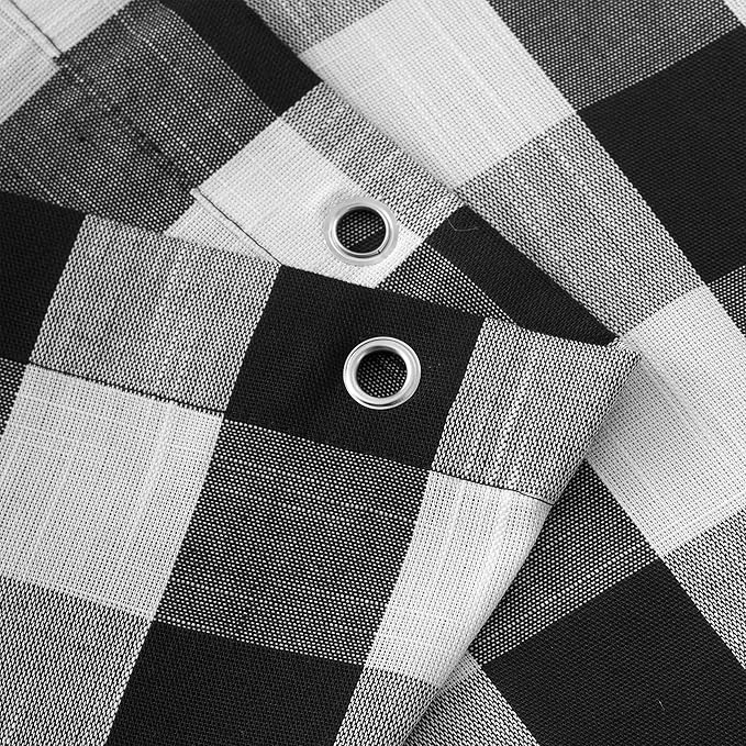 VOILYBIRD Black and White Shower Curtain Linen Texture Buffalo Plaid Farmhouse and Boho Mix with Pompoms 36"x72"