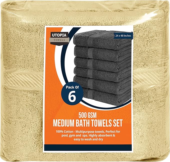 Utopia Towels 6 Pack Medium Bath Towel Set, 24 by 48 Inches, 500 GSM 100% Ring Spun Cotton, Lightweight and Highly Absorbent Quick Drying Premium Towels for Hotel, Spa and Bathroom, Beige