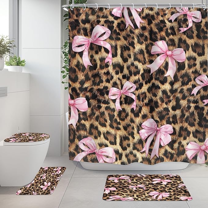 LIGHTINHOME 4 PCS Leopard Print Bow Shower Curtain Set 72Wx72H,Toilet Lid Cover,Non-Slip Rugs and U-Shaped Mat,Girly Pink Cheetah Bathroom Sets with Rugs Shower Accessories 12 Hooks for Bathroom Decor