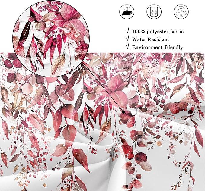 Riyidecor Burgundy Eucalyptus Leaves Shower Curtain for Bathroom Decor 72Wx72H Red Leaf Plants Botanical Leaf Floral Spring Herbs Art Printed Fabric Polyester Waterproof 12 Pack Plastic