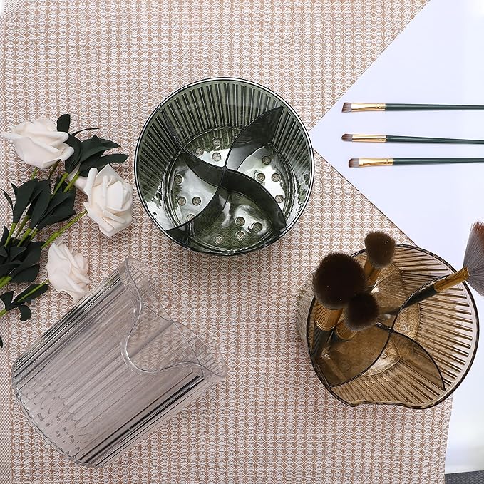 VOCOSTE Makeup Brush Cup, Makeup Organizer, 4 Slot Makeup Brush Holder, Cosmetics Storage Cup, for Vanity for Desktop, for Bathroom Countertops, Clear Brown