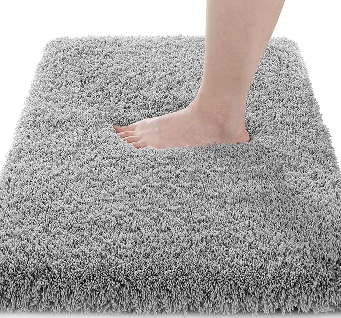 Yimobra Fluffy Plush Bath Rug, Super Shaggy Soft Comfortable Non Slip, Water Absorbent Microfiber Bath Mat, Dries Quickly, Machine Washable Thick Bathroom Rugs for Shower, 47"x 24", Pure Gray