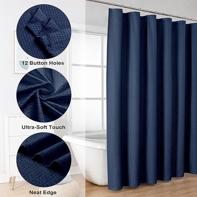 OVZME Berry Extra Long Blue Shower Curtain 96 Inch Long, 3D Embossed Texture Fabric Bathroom Shower Curtain, Large Hotel Bath Curtain with 12 Holes, Washable Cloth Shower Curtains, 72x96, Navy Blue