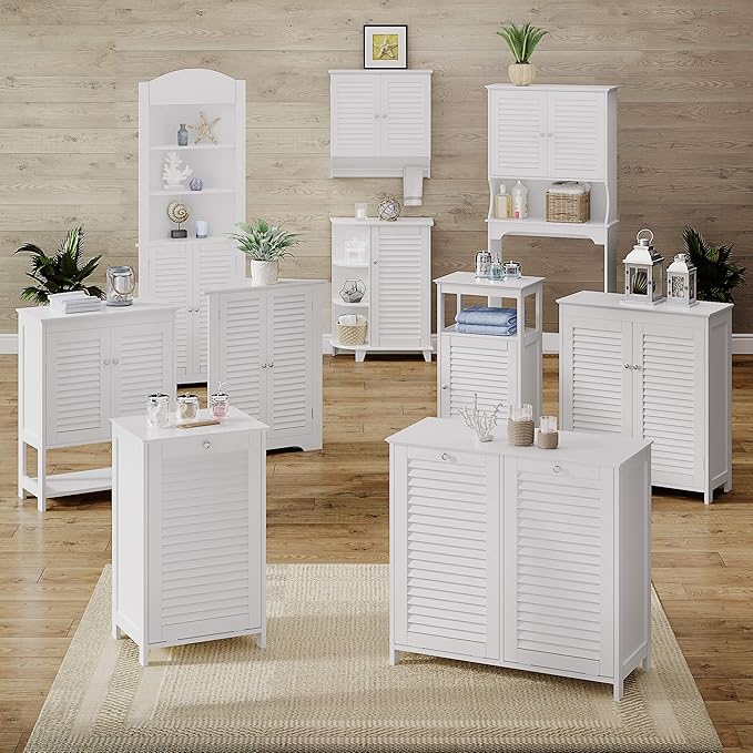 RiverRidge Ellsworth Double Tilt-Out Laundry Hamper Cabinet - Laundry Room Storage Cabinet with Removable Cloth Bag and Shutter Style Doors