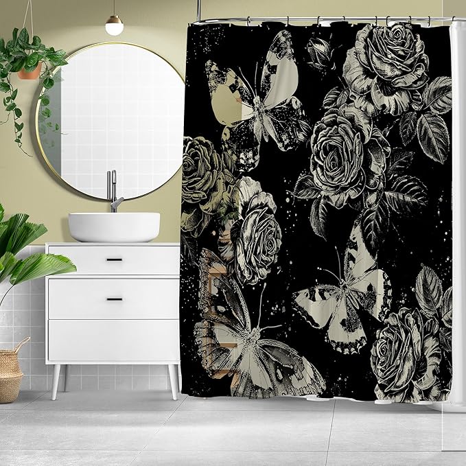 Dark Gothic Butterfly and Flower Shower Curtains for Bathroom,Black Witchy Floral Shower Curtain,Funny Waterproof Polyester Butterfly and Flower Bathroom Decor,72 X 72 Inch
