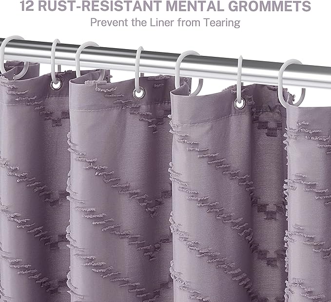 Boho Shower Curtain Woven Fabric Purple Cute Shower Curtain Modern Farmhouse Textured Tufted Chevron Striped Minimalist 72 x 72 Bathroom Shower Curtain Set with Hooks