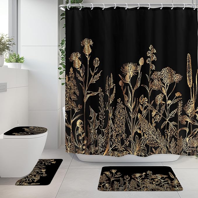 Riyidecor Vintage Black Gold Floral Wildflower 4Pcs Bathroom Shower Curtain Sets Botanical Leaves Bathroom Decor Set with Rugs and Accessories Rustic Toilet Lid Rug, Contour and Bath Mat with 12 Hooks