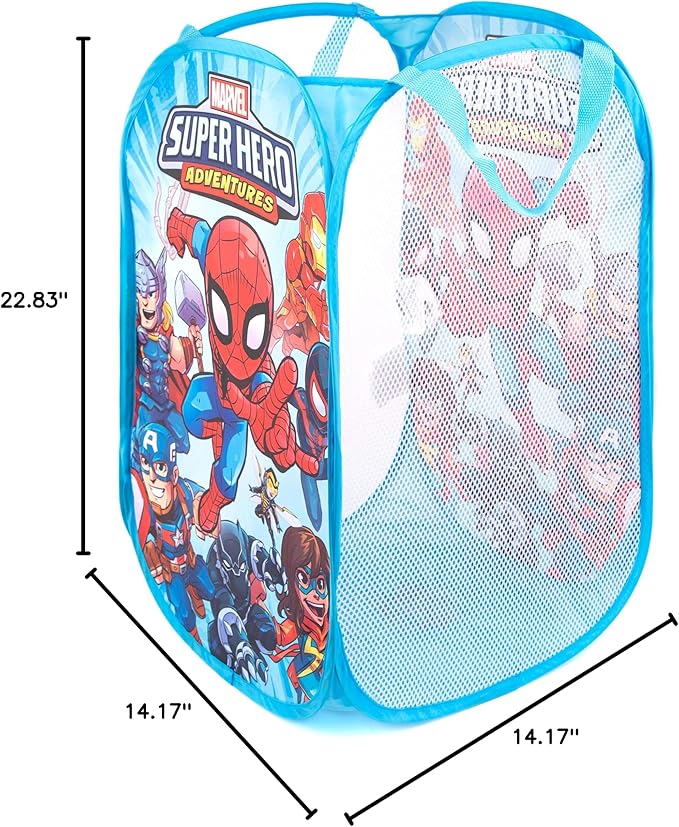 Jay Franco Marvel Super Hero Adventures Pop Up Hamper - Mesh Laundry Basket/Bag with Durable Handles - Features Spiderman, Iron Man, Captain America & Thor (Official Marvel Product)