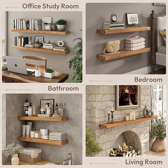Marsmiles 36 inch Floating Shelves for Wall Solid Elm Wood Shelves|Rustic Wall Shelves with Invisible Heavy-Duty Bracket for Bathroom Living Room Kitchen|Natural, 2 Pack