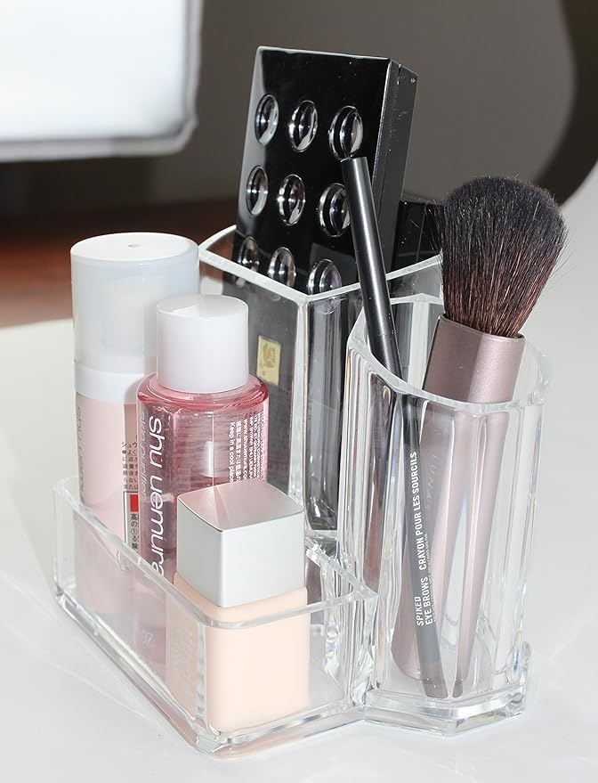 Clear Acrylic Makeup Brush and Cosmetic Holder with 3 Compartments B11704 (LS01466)