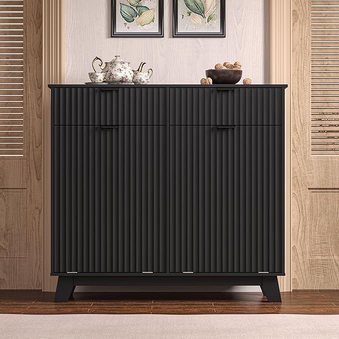 Wodeer Double Tilt Out Laundry Hamper Cabinet with 2 Drawers & Baskets, 20 Gallon Fluted Hidden Trash Can Cabinet, Farmhouse Wood Laundry Storage Cabinets for Bathroom, Kitchen, Black
